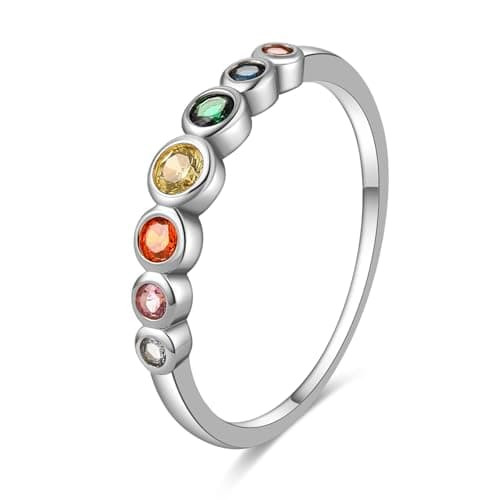 Image of 925 Sterling Silver Rainbow Eternity Band Ring, Rhodium Plated with Colorful Round AAA Cubic Zirconia Birthstone Anniversary Ring for Women (Round-silver, N 1/2)