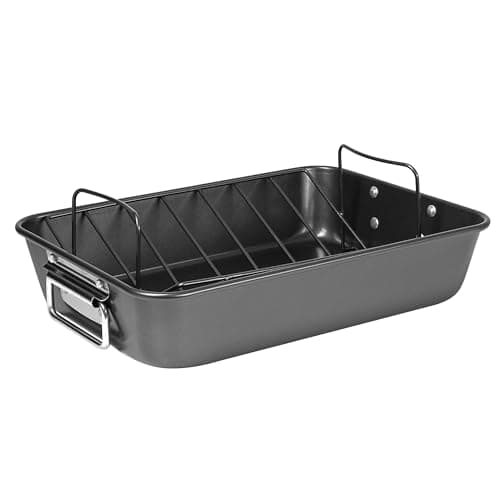 Image of Prochef 15" Roaster with V Rack, Non-Stick Heavy Gauge Roasting Tray, PFAS-Free, Dishwasher Safe, Oven Safe to 230°C – 38.5x27.5x7.5cm Large Roasting Pan, Grey, BlackOne
