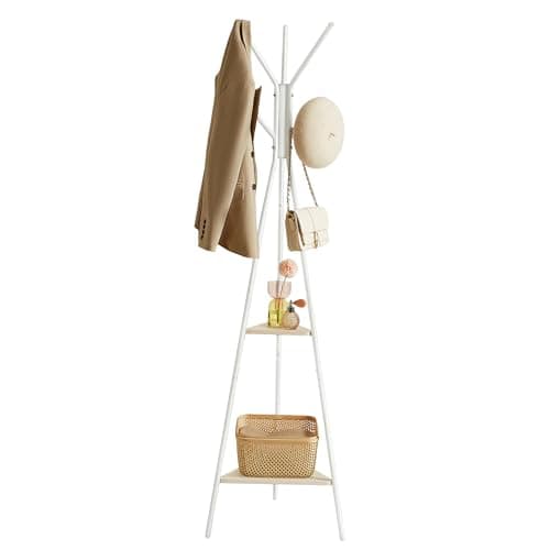 Image of VASAGLE Rack Stand, Coat Tree, Hall Tree Free Standing, Industrial Style, with 2 Shelves, for Clothes, Hat, Bag, Natural Beige and Pearl White RCR016N01