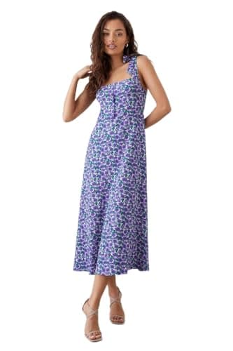 Image of Dorothy Perkins Petite Floral Button Front Tie Shoulder Jersey Midi Dress, 14, Lilac