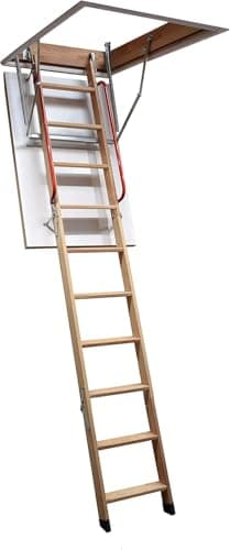 Image of BPS® Deluxe Wooden Loft Ladder | Twin Safety Handrails | Folding Attic Ladder | EN14975 Certified | Heavy Duty 150kg Weight Rating | Insulated Hatch Door | Spring Assisted | Frame 1100 x 700mm