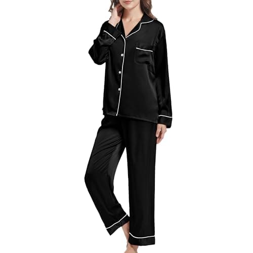 Image of JCQIGOA Women's Pajamas Set Long Sleeve Pyjamas Ladies Set Two Piece Loungewear Long Nightwear Sleepshirt, Black L