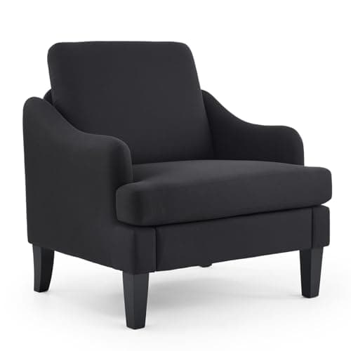Image of Bonnlo Armchair, Mid Century Modern Fabric Accent Chair for Living Room, Small Tub Chair with Thick Cushion, Comfortable Lounge Chair Perfect for Bedroom, Apartment, Office, Linen, Black