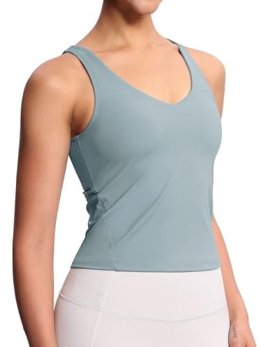 Image of THE GYM PEOPLE Women's Longline Sports Bra Wirefree Padded Workout Yoga Tank Top,Denim Blue,S