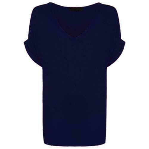 Image of Shop Nova® Women's New Plus Size Womens Short Turn Up Sleeve Baggy Plain Top Ladies V-Neck T-Shirt 8-26 (Navy, 26)