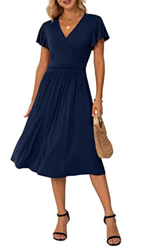 Image of GRECERELLE Womens Summer Wrap Dress Ladies Casual Ruffle Short Sleeve V-Neck Floral Beach Dresses for Women (02 Navy Blue, L)
