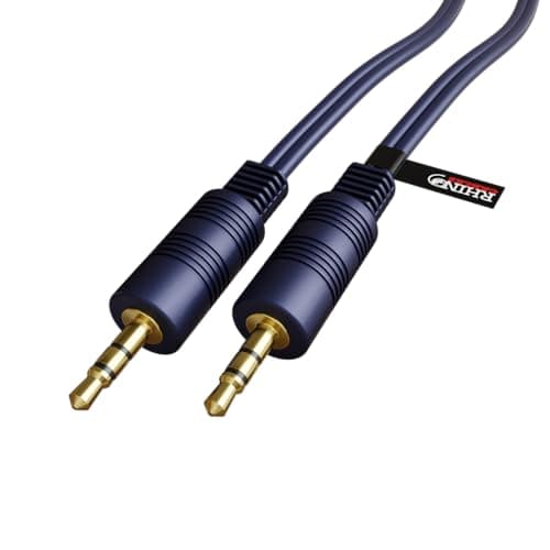 Image of rhinocables Blue Shielded Jack Cable Stereo 3.5mm Jack Plug Audio AUX Cable Gold Ends Male – Male Moulded Connectors Headphones (1.2m)
