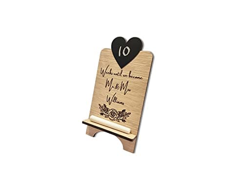 Image of Personalised Wedding Countdown Plaque Sign, Oak Freestanding Chalkboard, Mr & Mrs Engagement Gift Stand
