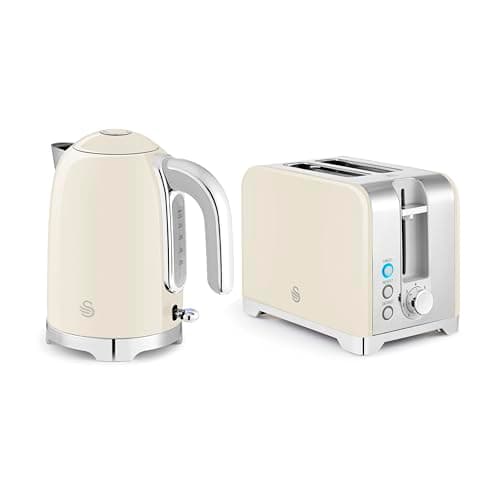 Image of Swan Solace Kitchen Set, 1.7L Kettle, 930W 2 Slice Toaster, SK19026CRM + ST19031CRM, Cream with Chrome Trim