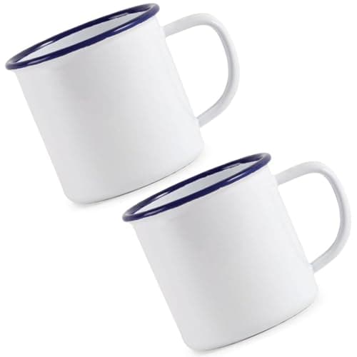 Image of - SET OF 2 - White Enamel Mugs 350ml Vintage Design, Suitable for Oven and Stove, Dishwasher Safe
