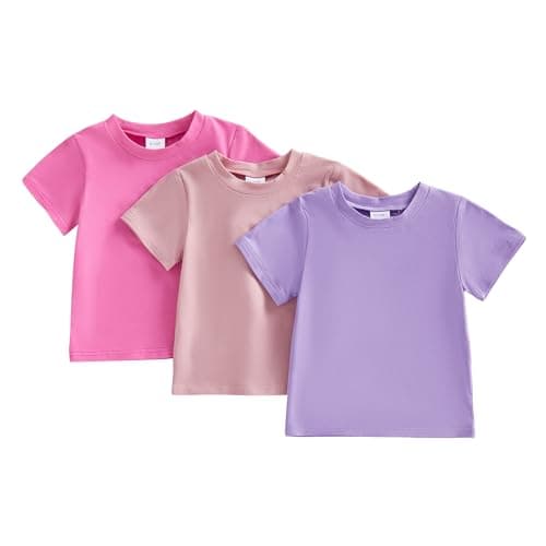 Image of Himllauen Kid Boy Girl Summer Solid Color T-Shirt Baby Toddler Short Sleeve Round Neck Loose Fit Tops 3 Pcs Casual Outfits Streetwear (Pink Purple, 2-3 Years)