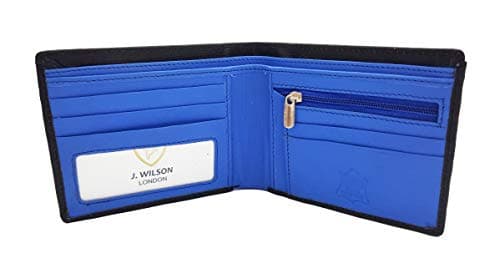 Image of J. Wilson London RFID Blocking Protection Genuine Leather Mens Wallet with Zip Coin Pocket Gift Boxed (Black/Blue)