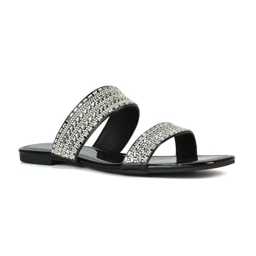 Image of ESSEX GLAM Women's Double Strap Flat Sandals Ladies Black Patent Rhinestone Embellished Slip On Casual Slider Size 7