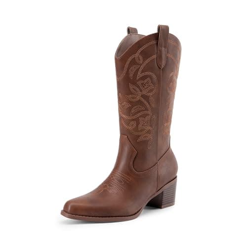 Image of DREAM PAIRS Cowboy Boots for Women Cowgirl Western Boots Fashion Embroidery Stitched Chunky Heel Mid Calf Boots,Size 6,Brown-Pu,DWUMMB2504