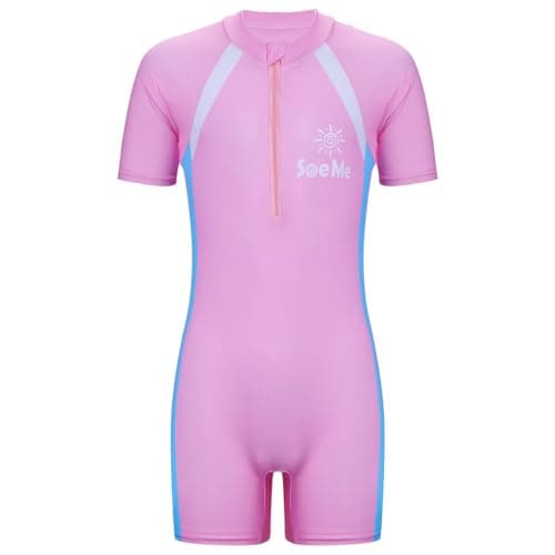 Image of BBXWANG Girls Swimming Costume One Piece Kids Swimsuit UPF 50+ Zipper Short Sleeve Bathing Suit Swimwear 3-12Y (UK, Age, 3 Years, 4 Years, Regular, Pink Blue)