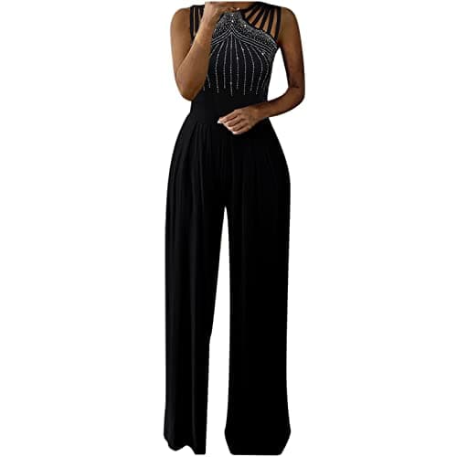 Image of Jumpsuits for Women UK Wedding Sequin Elegant Party Playsuit Black Clubbing Romper Wide Leg Office Evening Trousers Diamond Halter Sexy Jumpsuit