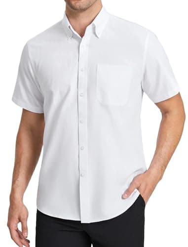 Image of HISDERN Men's White Short Sleeve Oxford Shirt Smart Formal Casual Shirts for Men Adult Solid with Pocket Office Summer, 2XL