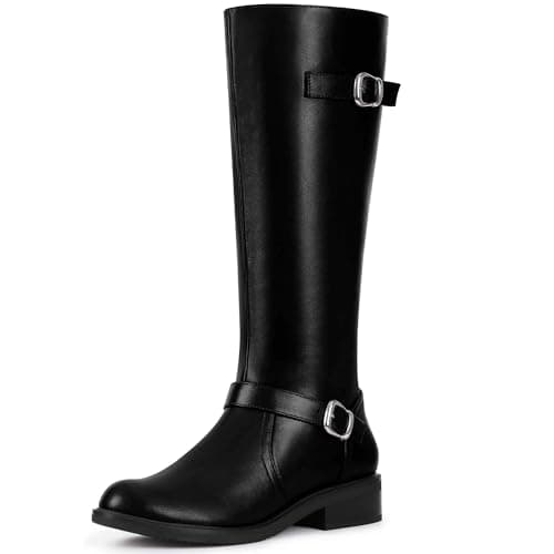 Image of Perphy Buckle Chunky Low Heel Side Zipper Knee High Riding Boots for Women Black 7 UK/Label Size 9 US