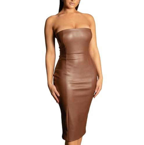 Image of Women's PU Midi Dress, Faux Leather Strapless Tube Top Off Shoulder Bodycon Party Dresses, Elegant Slim Fit Sleeveless Tube Top Short Cocktail Dress, Solid Stretch Bodice Bandeau Split Evening Dresses