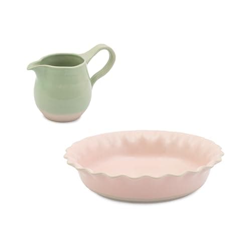 Image of Jamie Oliver Big Love Proper Pie Set, Pink Round Stoneware Oven-To-Table Pie Dish with Scalloped Edges 28x28cm and Green Jug with Glossy Glaze,650ml, 19x11cm, Microwave, Oven, Dishwasher-Safe