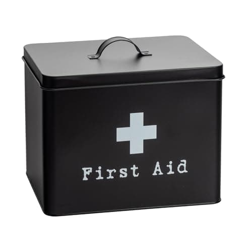 Image of Harbour Housewares Vintage Metal First Aid Box - 29cm - Black - Medical Storage Tin with Airtight Lid, Handle & 2-Tier Removable Organiser Tray - Steel Medicine Storage Plasters, Pills & Essentials