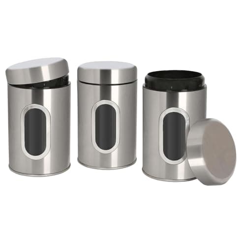 Image of Harbour Housewares Tea Coffee Sugar Canisters Set - 3 Piece - Brushed Kitchen Canisters with Airtight Lids & Transparent Viewing Window - Stainless Steel Storage Tins for Kitchen Bench or Pantry