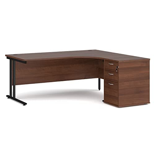 Image of Mr Office Maestro 25 right hand ergonomic desk with black cantilever frame and desk high pedestal bundle, Walnut, 1800