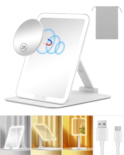 Image of Gospire Travel Makeup Mirror with Lights and Magnification 10X, Portable Make Up Compact Tabletop Mirror with Adjustable Stand, 3 Colored Lights Rechargeable Lighted LED Vanity Mirror - White