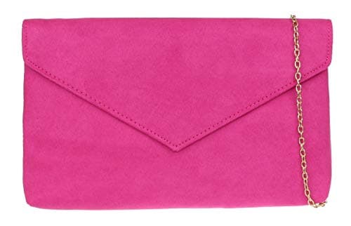 Image of Girly Handbags Womens Faux Suede Clutch Bag with Detachable Chain Strap, Evening Bag for Weddings and Parties- Fuchsia
