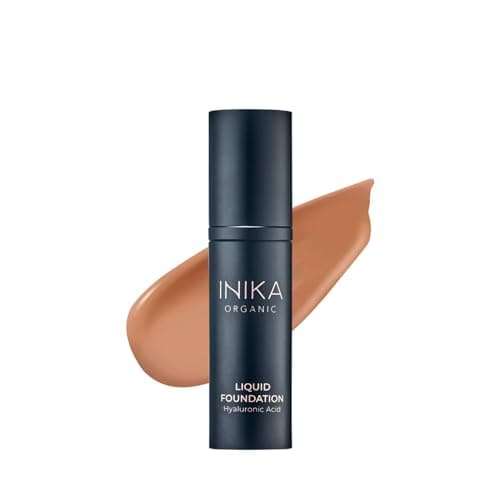 Image of INIKA Organic Full Coverage Liquid Foundation Makeup with Hyaluronic Acid and Argan Oil, Vegan and Organic Foundation for Skin Elasticity and Plumpness, Natural Coverage, Tan, 30ml