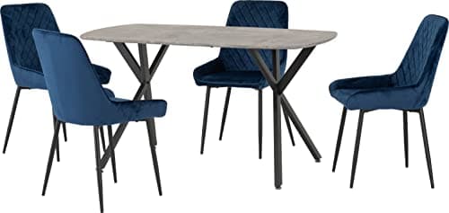 Image of Seconique Athens Dining Table Set with 4 Avery Dining Chairs in Concrete/Sapphire Blue Velvet