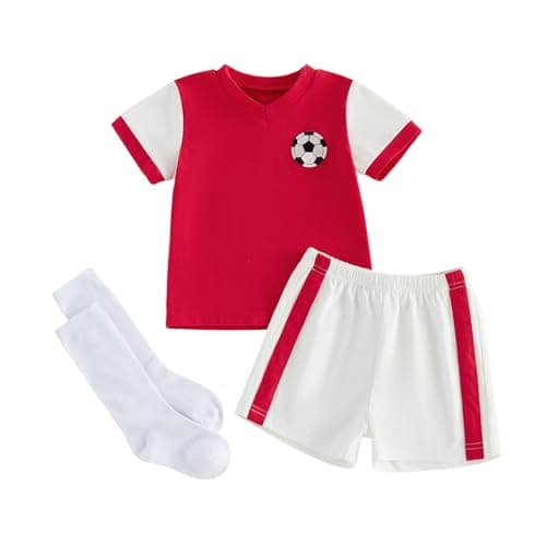 Image of XIXIMAON Kids Boys Summer Outfits Toddler Baby Boy Soccer Jerseys Football Embroidery Short Sleeve T Shirt Tops Contrast Color Shorts Set with Stockings (Red, 6-12 Months)