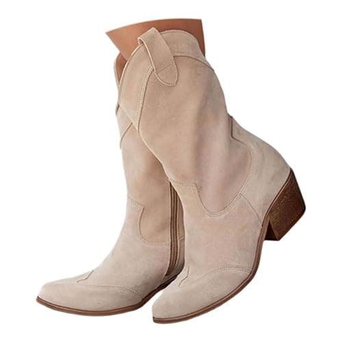 Image of Cowgirl Boots for Women Knee High Cowboy Boots Wide Calf Cowboy Boot Mid Calf Wide Fit Suede Ankle Boot Women Pull on Slouch Chunky Heel Pointed Toe Western Booties Slip on Western Low Heel Shoes
