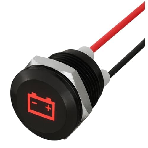 Image of DBG 12mm Screw-Fit LED Warning Light | Panel Mount Indicator w/ Symbols | 12V-24V DC | IP65 Waterproof Signal Lamp for Industrial & Automation Panels (Red | Battery | 12V | Fly Lead)