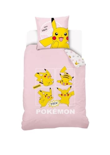 Image of Pikachu Pokemon Duvet Cover 140 x 200 cm + 1 Pillowcase 63 x 63 cm – 100% Cotton – Pale Pink