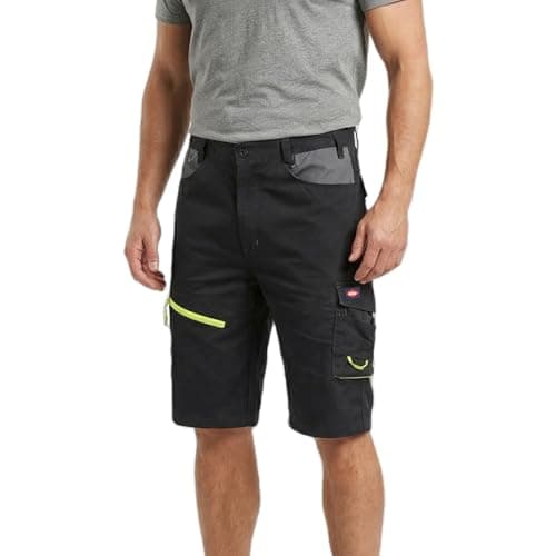Image of Lee Cooper Men's Hi Vis Work Shorts Reflective Stretchable High Visibility Cargo Detail Multi & Holster Pocket Durable Lightweight Workwear Short Pant for Men Casual Wear (Black/Grey, 40W)