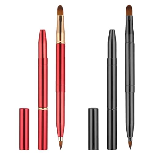 Image of 2 Pack Retractable Lip Brush for Lipstick with Cap, Double-Ended Lip Makeup Brushes Retractable Lip Gloss Lipstick Brush Applicator Travel Black Red