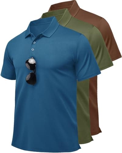 Image of Peakwell Mens Polo T Shirts Multipack Work Shirt Short Sleeve Golf Polo Tops 3 Pack, Denim Blue & Olive Green & Brown, 3XL