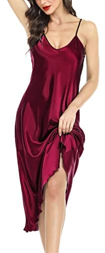 Image of Lovasy Satin Nightdress for Women UK Long Negligees Strap Chemise Silk Nighties for Women V Neck Full Slips Sleepwear Nightwear,Purplish Red,L