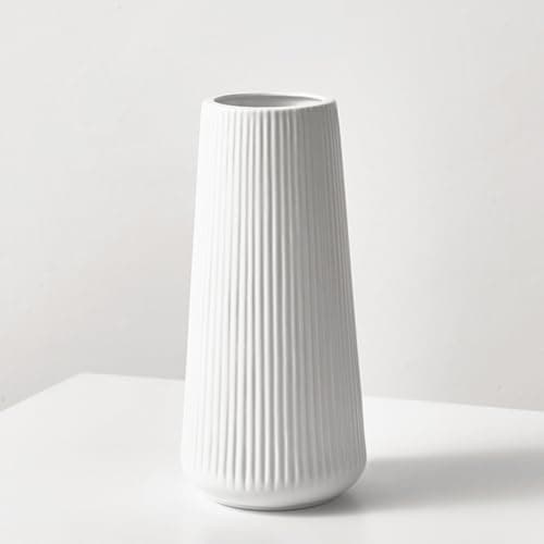Image of White Ceramic Ribbed Vases for Minimalist Modern Home Decor, Simple Nordic Style Decorative Flowers Vase for Wedding Dinner Table Office Bedroom - 10 Inch / 25 CM
