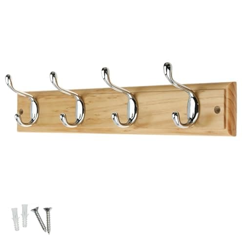 Image of Keypak 4 Hook Pine Effect Wall Mounted Coat Rack with 4 Polished Chrome Hooks - Heavy Duty Wooden Board for Coats, Hats, Bags, Tools Space Saving Wall Storage Organiser, Fixings Included