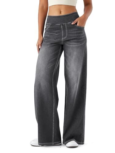 Image of LaiEr Large Denim Wide Leg Pants for Women, High Waisted and Slimming with Multiple Pockets, Straight Tube, Loose fit, Cat Whisker, Marbling wash Craft, High Elasticity Casual Jeans(Medium GreyL)