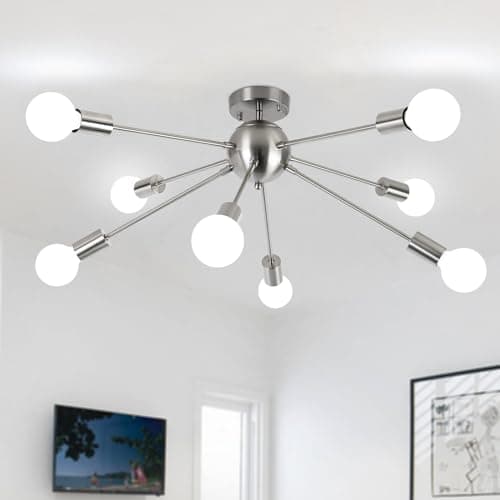 Image of ASHUAQI Sputnik Ceiling Light, 8 Lights Chrome Ceiling Lights Living Room, E27 Modern Semi Flush Industrial Light Fittings Ceilings, Chandelier for Bedroom, Kitchen, Dining Room, Hallway, Lounge
