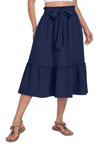 Image of PrinStory Women's Summer Midi Skirt Elasticated Waist Tiered Casual A Line Skirt with Pockets Adjustable Drawstring UK 6-8 (Navy Blue, S)