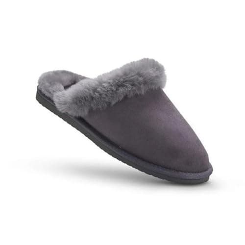 Image of Women Sheepskin Mule Slippers – Soft Suede Upper with Plush Thermoregulating Wool Lining – Cushioned Footbed with Sturdy Non-Slip Rubber Sole Indoor Wear with Multi-Colour – Dark Grey/UK 5