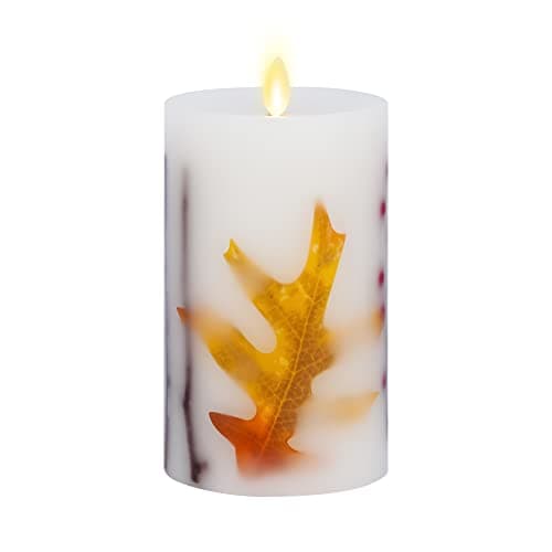 Image of Luminara Embedded Flameless LED Candle - Orange Leaf 3.5" x 6.5" - Moving Flame Pillar, Battery Operated Timer, Real Wax, Unscented, Safe