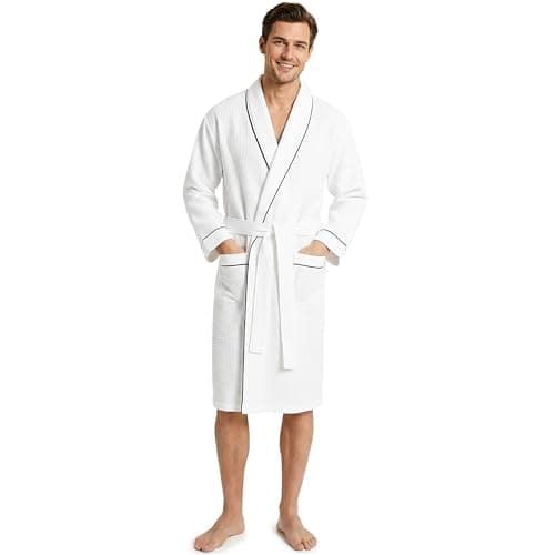 Image of Get Trend Men’s Waffle Bathrobes M-3XL, Shawl Collar Robes, Lightweight Men’s Dressing Gown, Cosy Housecoat Loungewear, Gifts for Him (L, White)
