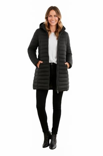 Image of kraftd Womens Winter Lightweight Puffer Jacket Quilted Padded Down Coat With Detachable Hood Central Zip Best for Autumn Winter, Outdoors & Travelling (Black, 12)