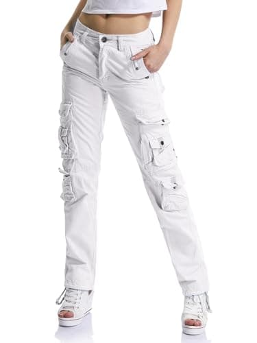 Image of Aeslech Women's Cotton Casual Cargo Work Trousers High Waisted Travel Hiking Y2K Pants with Multi Pockets White Tag 28 - UK 8