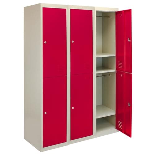 Image of Metal Storage Locker 3 x 2 Door Lockable Filing Cabinet Vertical Shelving Units Flat Packed Red & Grey Steel Staff Gym School Changing 1 Rail 1 Shelf Vent 2 Keys Per Door FREE Magnets & Name Card